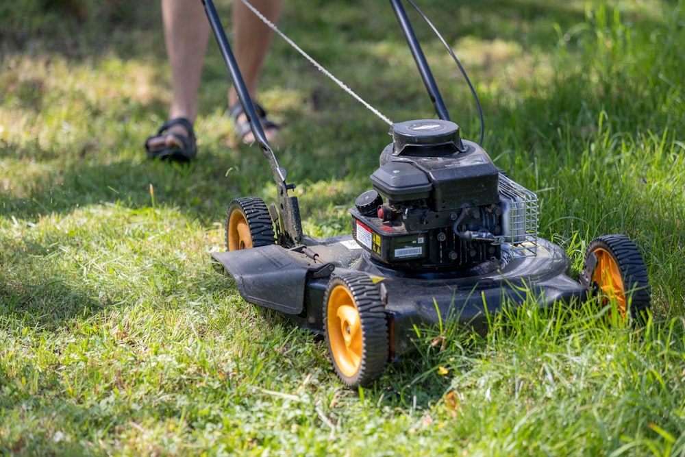 A push mower cutting grass in a yard